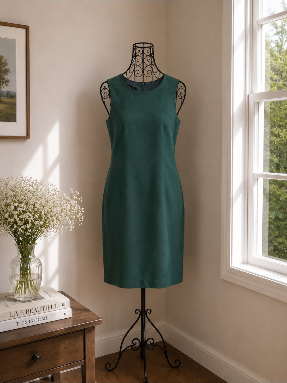 Spenser Jeremy Sleeveless 100% Silk Midi Dress in Forest Green